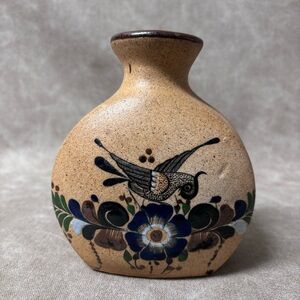 Vintage Sandstone Pottery Vase Hand Painted Mexico Bird tenala butterfly